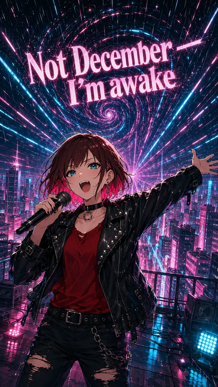 歌詞入りキービジュアル「Not December — I'm awake」（放射光条・セリフ体）